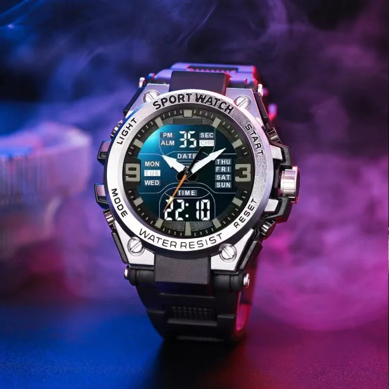 New high-end luxury men's and young students' quartz electronic dual movement waterproof night light multifunctional steel alloy