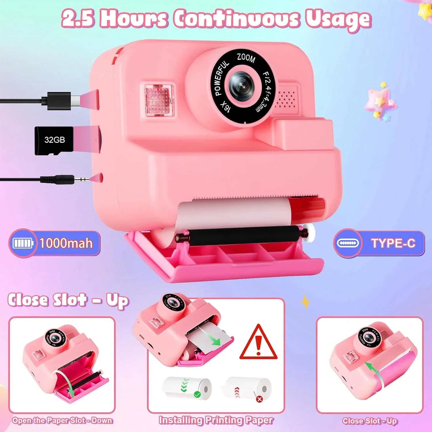 Digital Children Camera, Instant Print and Video Recording, with 32G Card and Thermal Printing, Kids Educational Toy Gift