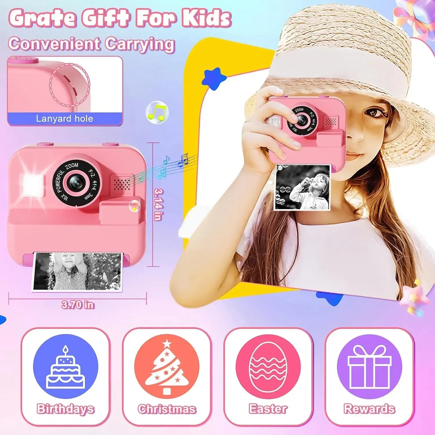 Digital Children Camera, Instant Print and Video Recording, with 32G Card and Thermal Printing, Kids Educational Toy Gift