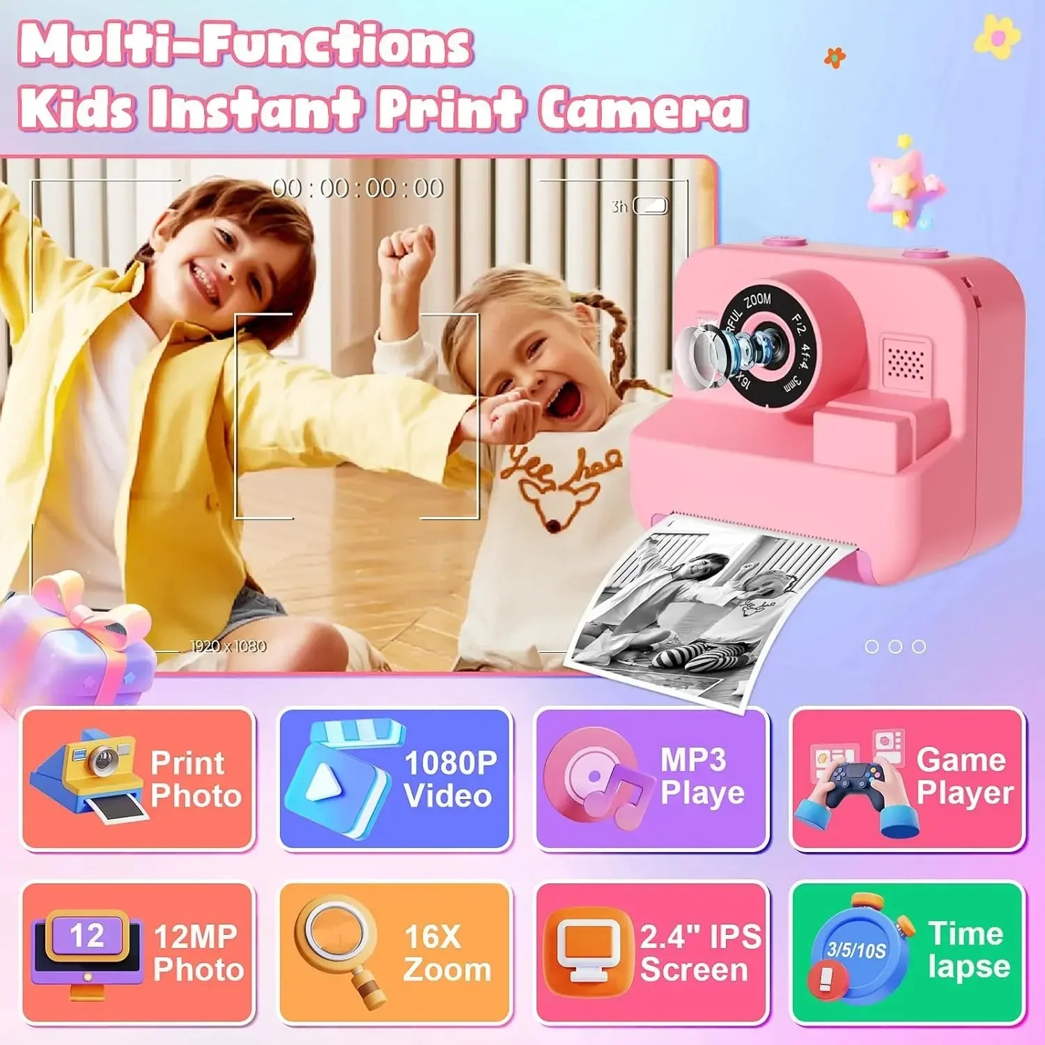 Digital Children Camera, Instant Print and Video Recording, with 32G Card and Thermal Printing, Kids Educational Toy Gift