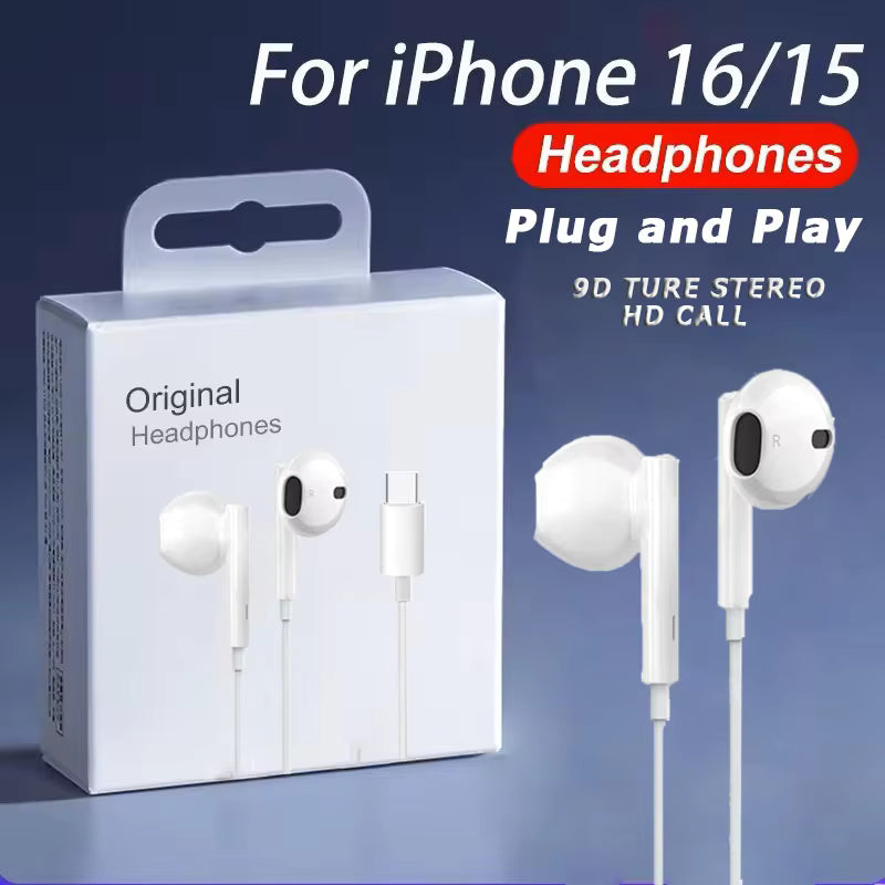 Original Wired Earphones For iPhone 15 16 14 13 12 11 Pro Max 7/8Plus X XR XS In-Ear Earbud For Lightning USB C 3.5mm Earbuds