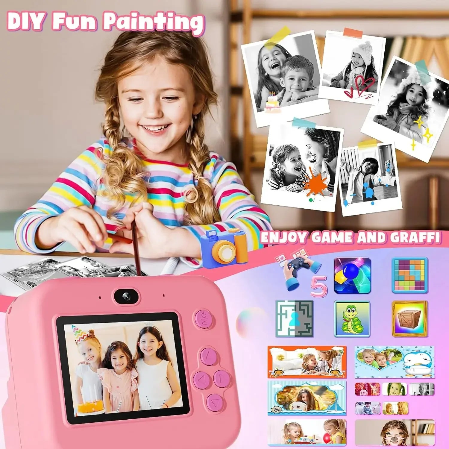 Digital Children Camera, Instant Print and Video Recording, with 32G Card and Thermal Printing, Kids Educational Toy Gift