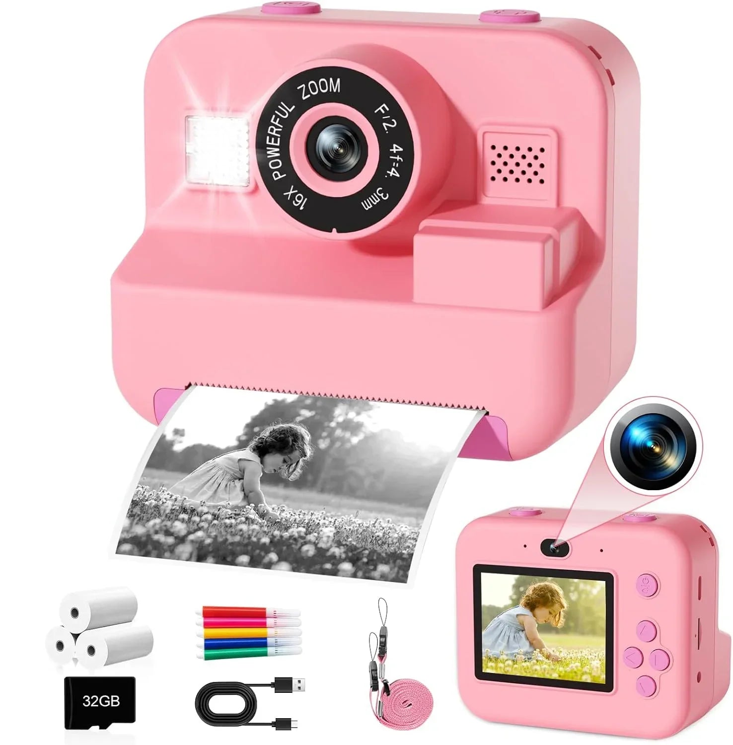 Digital Children Camera, Instant Print and Video Recording, with 32G Card and Thermal Printing, Kids Educational Toy Gift