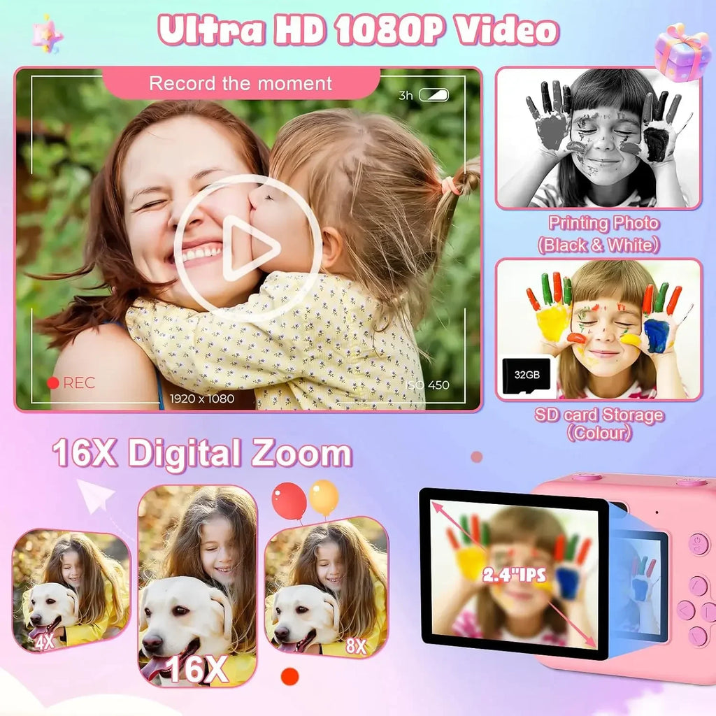Digital Children Camera, Instant Print and Video Recording, with 32G Card and Thermal Printing, Kids Educational Toy Gift