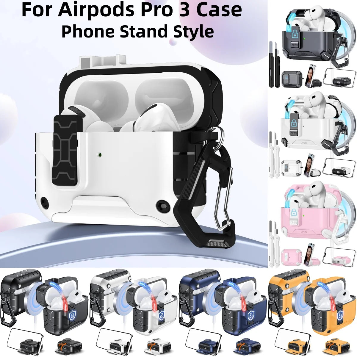 for AirPods Pro 3 Phone Stand Case Cover with Cleaning Kit Magsafe & Magnetic Auto Lock Protective Case Cover for AirPods Pro 3
