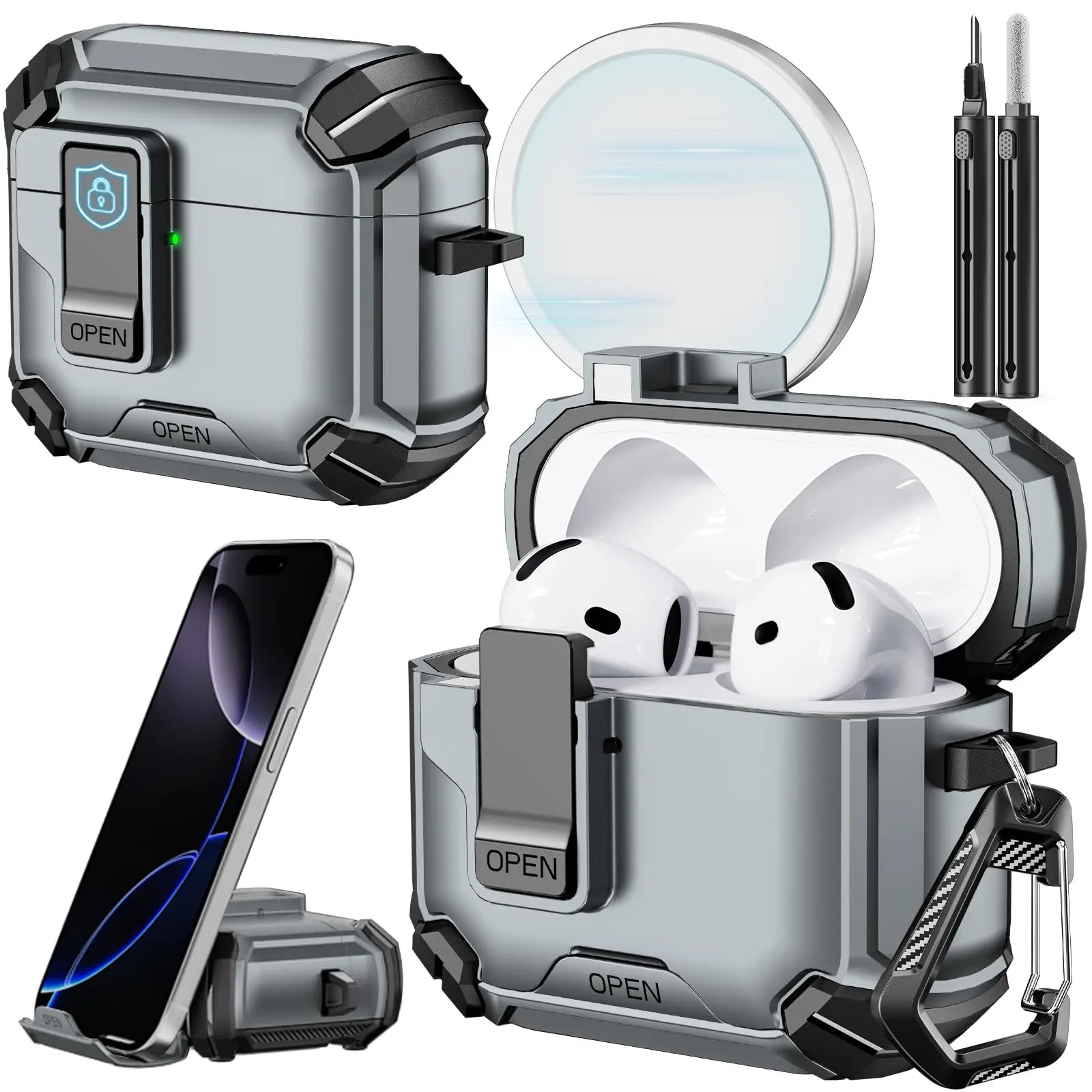 for AirPods Pro 3 Phone Stand Case Cover with Cleaning Kit Magsafe & Magnetic Auto Lock Protective Case Cover for AirPods Pro 3